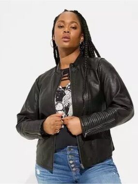 torrid Black Faux Leather Moto Jacket with Quilted Sleeve Detail sz 3X